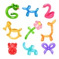 Collection of colorful glossy balloons in various shapes snake, dog, swan, horse, flower, giraffe, bear, elephant and