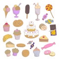 Collection of colorful hand drawn sketched linear sweets: muffins, ice cream, candies, cakes, chocolate, donuts