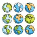 Collection colorful handdrawn globes featuring various continents. Cartoon style earth