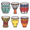 Collection colorful handdrawn percussion instruments isolated white background. Various types Royalty Free Stock Photo