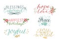 Collection with 6 colorful Holiday cards made hand lettering Blessings abound. Peace. Joy to the world. Joyful. Hope and