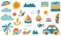 A collection of colorful images and symbols, including a car, a boat, a turtle Royalty Free Stock Photo