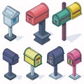 Collection colorful isometric mailboxes various designs, standing isolated white background