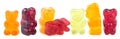 Collection of colorful jelly gummy bears isolated on white background. Fruit flavored gummy bears