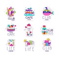 Collection of colorful kids logo templates set, kids cafe, club, life brigh labels vector Illustrations on a white Royalty Free Stock Photo