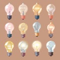 Collection colorful light bulbs showcasing various designs against single color background. Light Royalty Free Stock Photo
