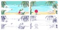 Collection of colorful and monochrome colored sketches with seaside landscapes. Tropical resort with people relaxing on