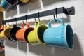 A collection of colorful mugs hanging on black hooks against a white wall Royalty Free Stock Photo