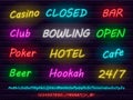 Collection of colorful neon casino and entertainment font and icons Royalty Free Stock Photo