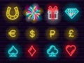 Collection of colorful neon casino and entertainment icons Royalty Free Stock Photo