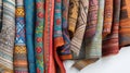 Collection of colorful, patterned fabric hanging, showcasing diverse textile designs Royalty Free Stock Photo