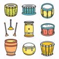 Collection colorful percussion instruments including drums, bongos, drumsticks, drum uniquely Royalty Free Stock Photo