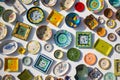 Collection of colorful Portuguese ceramic pottery, local craft products from Portugal. Ceramic plates display in Portugal.