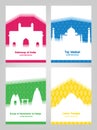 Collection of colorful posters with white silhouettes indian sights. Templates for postcards, tourist banners