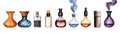 A collection of colorful potion bottles varying shapes and sizes emitting mystical vapors and enchanting colors ideal for