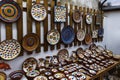 Collection of colorful pottery from a local craft store on display. Handmade ceramic gift shop in Lisbon, Portugal