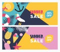 Collection of colorful promotional banner templates with summer attributes and place for text. Vector illustration in