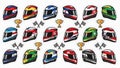 A collection of colorful racing helmets with trophies and checkered flags on a white background Royalty Free Stock Photo