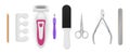 Collection of colorful realistic equipment for manicure and pedicure hands and legs nails skin care