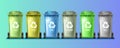 Collection of the colorful recycling bins. Vector illustration showing few sorting cans with recycling symbols. Royalty Free Stock Photo