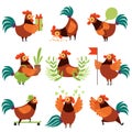 Collection of Colorful Roosters in Different Situations, Farm Cocks Cartoon Characters Vector Illustration