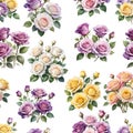 Collection of colorful roses bunches seamless pattern background, watercolor painting style Royalty Free Stock Photo