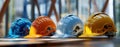The collection of colorful safety helmets arranged on a table. AI generated image Royalty Free Stock Photo