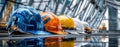 The collection of colorful safety helmets lined up on a reflective surface. AI generated image Royalty Free Stock Photo
