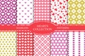 Collection of colorful seamless geometric patterns with hearts. Cute backgrounds for Valentines day Royalty Free Stock Photo