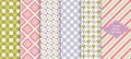 Collection of colorful seamless textile geometric patterns. Trendy endless fabric prints. Repeatable unusual simple