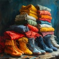 Collection of colorful shoes and clothes, variety of colors, boots, footwear and fabric