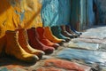 Collection of colorful shoes standing in a row, variety of colors, boots and footwear