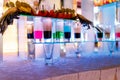 Collection of colorful shots with fruits on bar. set of alcohol mini cocktail shooters Royalty Free Stock Photo