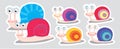 Collection of colorful snail stickers. Cute cartoon snail family on gray background. Use as stickers fridge magnets