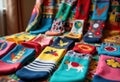 Colorful socks with various patterns displayed on a vibrant background Royalty Free Stock Photo