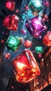 Vibrant Gemstones Falling Through Cityscape at Night
