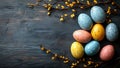 Speckled Easter Eggs with Floral Branches on Rustic Wooden Background with a copy space Royalty Free Stock Photo