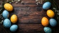 Speckled Easter Eggs with Floral Branches on Rustic Wooden Background with copy space Royalty Free Stock Photo