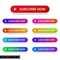 Collection of colorful Subscribe now glossy gradient button.