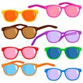 Collection of colorful sunglasses. Set of sunglasses, different trendy glasses for sun shine protection. Vector illustration