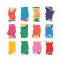 Collection colorful torn paper pieces, various shapes colors. Different torn paper scraps, layout