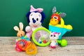 Collection of colorful toys on red background. Kids toys Royalty Free Stock Photo