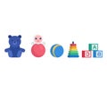 Collection of colorful toys, teddy bear, ball, pyramid, and blocks. Assortment of playthings for children, educational