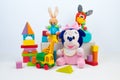 Collection of colorful toys on white background. Kids toys Royalty Free Stock Photo