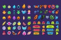 Collection of colorful user interface assets for mobile apps or video games, funny creatures, animals, sweets, weapon