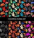 Collection of colorful variations of an abstract floral seamless pattern on black background Royalty Free Stock Photo