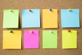 Collection of colorful variety post it. paper note reminder sticky notes pin on cork bulletin board Note reminder. empty space for Royalty Free Stock Photo