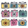 Collection colorful vintage cameras handdrawn illustration. Artistic representation retro