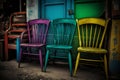 A Collection of Colorful Vintage Chairs Found in a Second-Hand Shop. Generative AI Royalty Free Stock Photo