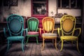 A Collection of Colorful Vintage Chairs Found in a Second-Hand Shop. Generative AI Royalty Free Stock Photo